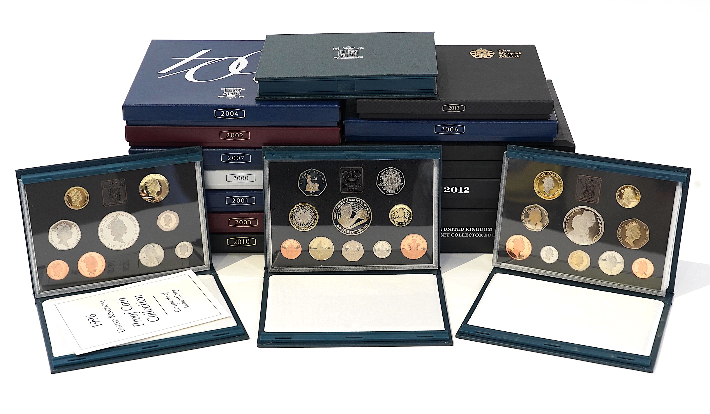 British proof coin year sets, Elizabeth II, sixteen cased sets covering the years 1996-2004, 2006-2008 and 2010-2013, each in case of issue with certificate